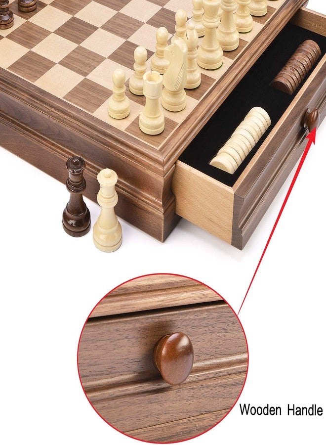 AMEROUS 15" x 15" Wooden Chess & Checkers Set with Built-in Storage Drawers/Weighted Chess Pieces / 2 Bonus Extra Queens / 24 Cherkers Pieces/Classic 2in1 Board Games for Kids, Adults - Image 4